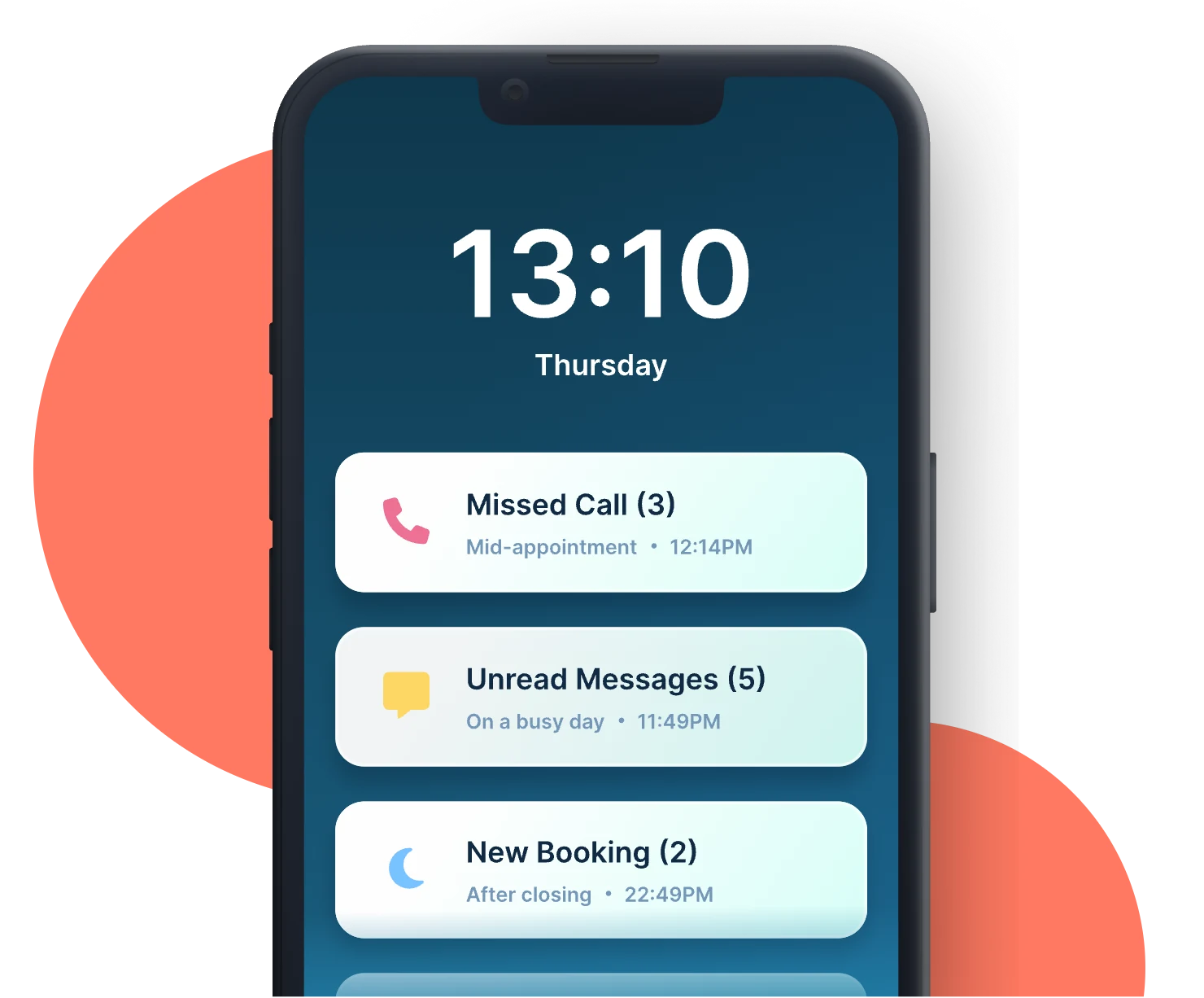 A phone lock screen showing 3 missed calls, 5 unread messages and 2 new bookings waiting